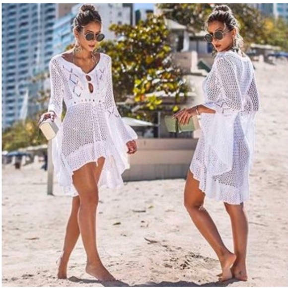 Crochet Open Knit Swimsuit Cover-Up in White - Picture 9 of 9